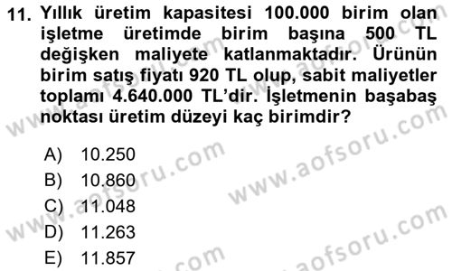 Finansal Yönetim 1 Dersi 2021 - 2022 Yılı Yaz Okulu Sınav Soruları 11. Soru