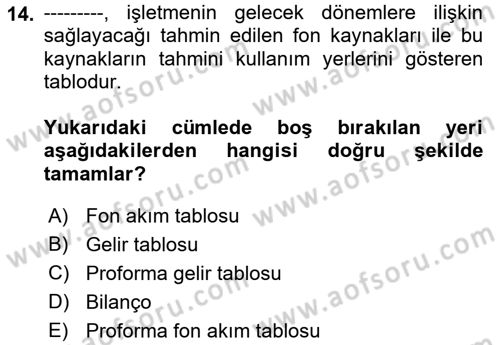 Finansal Yönetim 1 Dersi 2021 - 2022 Yılı Yaz Okulu Sınav Soruları 14. Soru