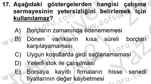 Finansal Yönetim 1 Dersi 2021 - 2022 Yılı Yaz Okulu Sınav Soruları 17. Soru