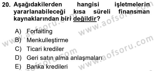 Finansal Yönetim 1 Dersi 2021 - 2022 Yılı Yaz Okulu Sınav Soruları 20. Soru