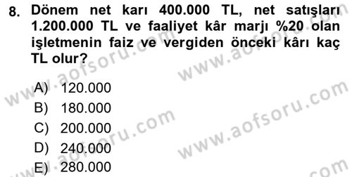 Finansal Yönetim 1 Dersi 2021 - 2022 Yılı Yaz Okulu Sınav Soruları 8. Soru