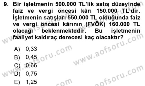 Finansal Yönetim 1 Dersi 2021 - 2022 Yılı Yaz Okulu Sınav Soruları 9. Soru