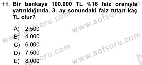 Finansal Yönetim 1 Dersi 2022 - 2023 Yılı (Vize) Ara Sınav Soruları 11. Soru