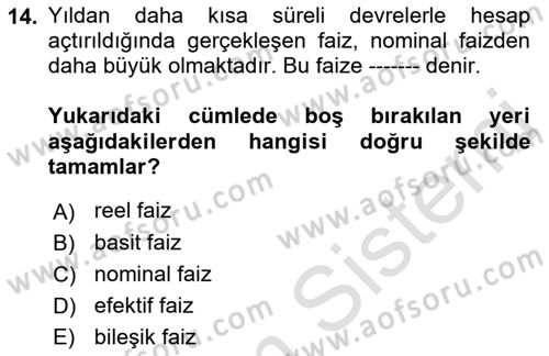 Finansal Yönetim 1 Dersi 2022 - 2023 Yılı (Vize) Ara Sınav Soruları 14. Soru