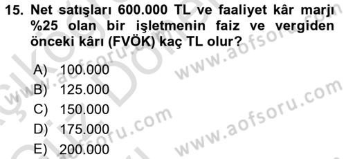 Finansal Yönetim 1 Dersi 2022 - 2023 Yılı (Vize) Ara Sınav Soruları 15. Soru