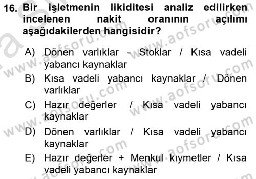 Finansal Yönetim 1 Dersi 2022 - 2023 Yılı (Vize) Ara Sınav Soruları 16. Soru