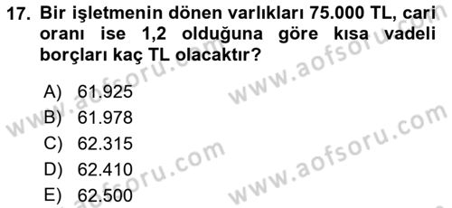 Finansal Yönetim 1 Dersi 2022 - 2023 Yılı (Vize) Ara Sınav Soruları 17. Soru