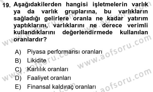 Finansal Yönetim 1 Dersi 2022 - 2023 Yılı (Vize) Ara Sınav Soruları 19. Soru