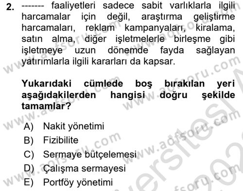 Finansal Yönetim 1 Dersi 2022 - 2023 Yılı (Vize) Ara Sınav Soruları 2. Soru