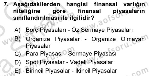 Finansal Yönetim 1 Dersi 2022 - 2023 Yılı (Vize) Ara Sınav Soruları 7. Soru