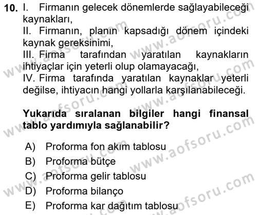 Finansal Yönetim 1 Dersi 2022 - 2023 Yılı (Final) Dönem Sonu Sınav Soruları 10. Soru