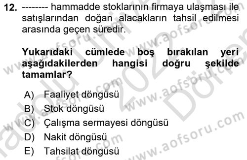 Finansal Yönetim 1 Dersi 2022 - 2023 Yılı (Final) Dönem Sonu Sınav Soruları 12. Soru