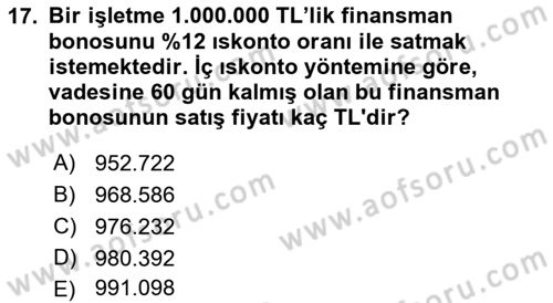Finansal Yönetim 1 Dersi 2022 - 2023 Yılı (Final) Dönem Sonu Sınav Soruları 17. Soru