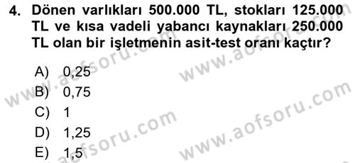 Finansal Yönetim 1 Dersi 2022 - 2023 Yılı (Final) Dönem Sonu Sınav Soruları 4. Soru