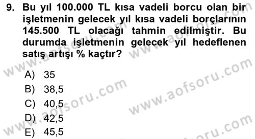 Finansal Yönetim 1 Dersi 2022 - 2023 Yılı (Final) Dönem Sonu Sınav Soruları 9. Soru