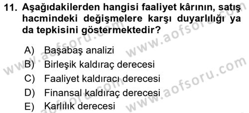 Finansal Yönetim 1 Dersi 2022 - 2023 Yılı Yaz Okulu Sınav Soruları 11. Soru