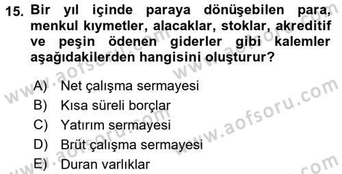 Finansal Yönetim 1 Dersi 2022 - 2023 Yılı Yaz Okulu Sınav Soruları 15. Soru