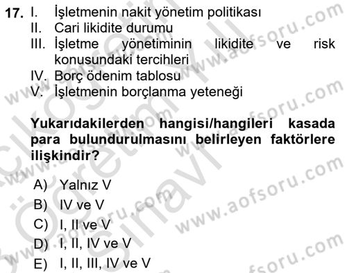 Finansal Yönetim 1 Dersi 2022 - 2023 Yılı Yaz Okulu Sınav Soruları 17. Soru