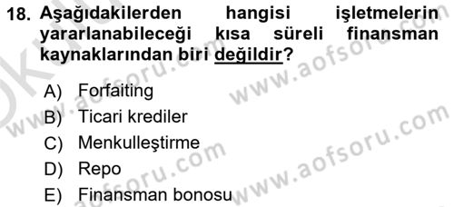 Finansal Yönetim 1 Dersi 2022 - 2023 Yılı Yaz Okulu Sınav Soruları 18. Soru