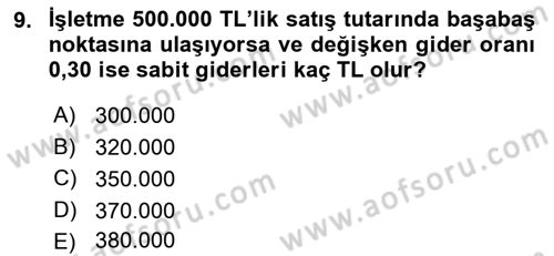 Finansal Yönetim 1 Dersi 2022 - 2023 Yılı Yaz Okulu Sınav Soruları 9. Soru