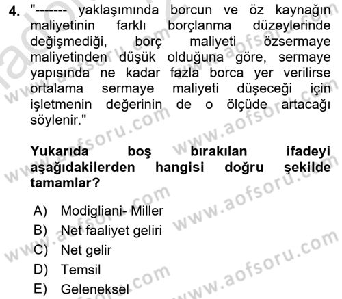 Finansal Yönetim 1 Dersi 2023 - 2024 Yılı (Vize) Ara Sınav Soruları 4. Soru