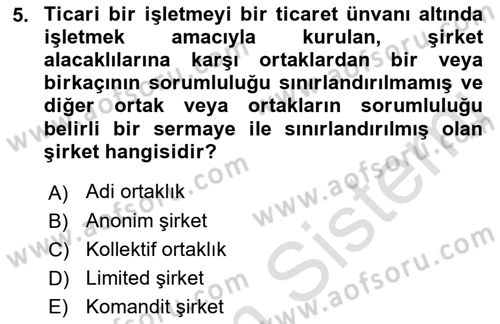 Finansal Yönetim 1 Dersi 2023 - 2024 Yılı (Vize) Ara Sınav Soruları 5. Soru