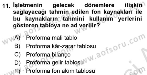 Finansal Yönetim 1 Dersi 2023 - 2024 Yılı (Final) Dönem Sonu Sınav Soruları 11. Soru
