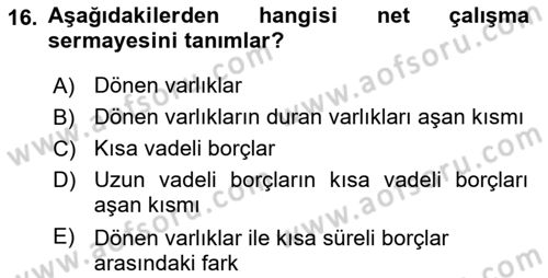 Finansal Yönetim 1 Dersi 2023 - 2024 Yılı (Final) Dönem Sonu Sınav Soruları 16. Soru