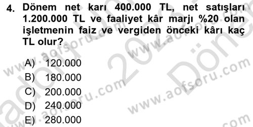 Finansal Yönetim 1 Dersi 2023 - 2024 Yılı (Final) Dönem Sonu Sınav Soruları 4. Soru