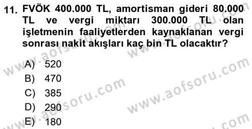 Finansal Yönetim 1 Dersi 2024 - 2025 Yılı (Vize) Ara Sınav Soruları 11. Soru