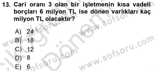 Finansal Yönetim 1 Dersi 2024 - 2025 Yılı (Vize) Ara Sınav Soruları 13. Soru