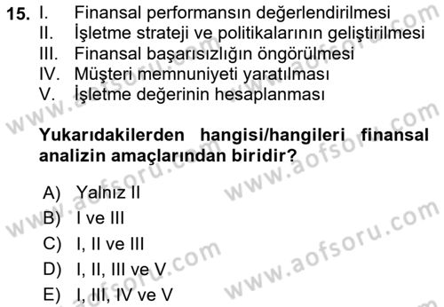 Finansal Yönetim 1 Dersi 2024 - 2025 Yılı (Vize) Ara Sınav Soruları 15. Soru