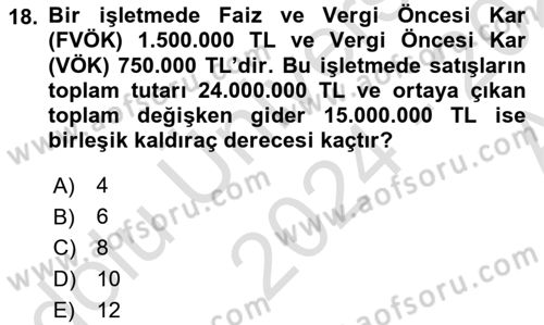 Finansal Yönetim 1 Dersi 2024 - 2025 Yılı (Vize) Ara Sınav Soruları 18. Soru