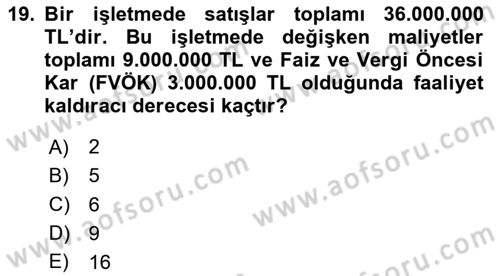 Finansal Yönetim 1 Dersi 2024 - 2025 Yılı (Vize) Ara Sınav Soruları 19. Soru
