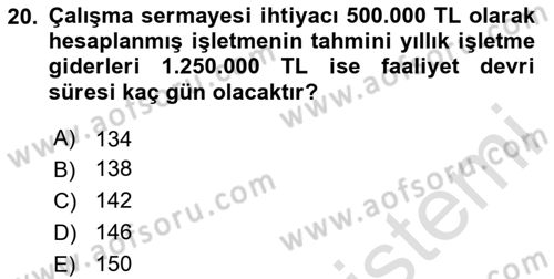 Finansal Yönetim 1 Dersi 2024 - 2025 Yılı (Final) Dönem Sonu Sınav Soruları 20. Soru