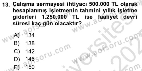 Finansal Yönetim 1 Dersi 2024 - 2025 Yılı Yaz Okulu Sınav Soruları 13. Soru