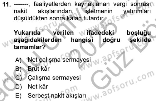 Finansal Yönetim 1 Dersi 2025 - 2026 Yılı (Vize) Ara Sınav Soruları 11. Soru