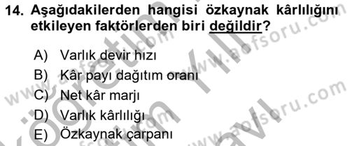Finansal Yönetim 1 Dersi 2025 - 2026 Yılı (Vize) Ara Sınav Soruları 14. Soru
