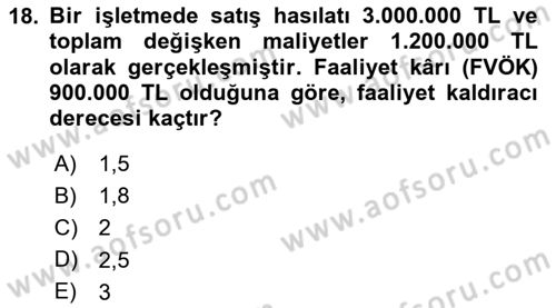 Finansal Yönetim 1 Dersi 2025 - 2026 Yılı (Vize) Ara Sınav Soruları 18. Soru