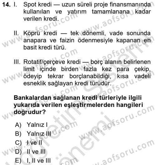 Finansal Yönetim 1 Dersi 2025 - 2026 Yılı (Final) Dönem Sonu Sınav Soruları 14. Soru