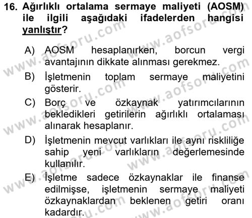 Finansal Yönetim 2 Dersi 2015 - 2016 Yılı (Vize) Ara Sınavı 16. Soru