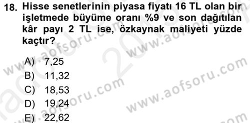 Finansal Yönetim 2 Dersi 2015 - 2016 Yılı (Vize) Ara Sınavı 18. Soru