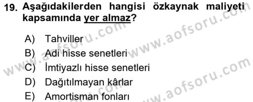 Finansal Yönetim 2 Dersi 2015 - 2016 Yılı (Vize) Ara Sınavı 19. Soru