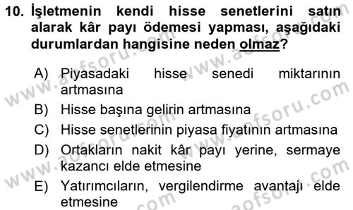 Finansal Yönetim 2 Dersi 2015 - 2016 Yılı (Final) Dönem Sonu Sınav Soruları 10. Soru