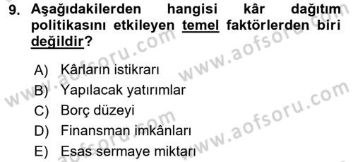 Finansal Yönetim 2 Dersi 2015 - 2016 Yılı (Final) Dönem Sonu Sınav Soruları 9. Soru