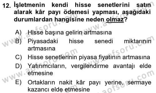Finansal Yönetim 2 Dersi 2015 - 2016 Yılı Tek Ders Sınav Soruları 12. Soru