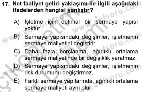 Finansal Yönetim 2 Dersi 2016 - 2017 Yılı (Vize) Ara Sınav Soruları 17. Soru
