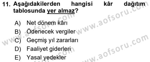 Finansal Yönetim 2 Dersi 2017 - 2018 Yılı 3 Ders Sınav Soruları 11. Soru