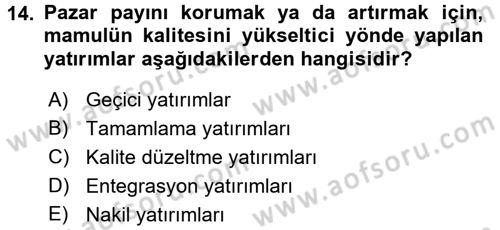 Finansal Yönetim 2 Dersi 2017 - 2018 Yılı (Vize) Ara Sınav Soruları 14. Soru