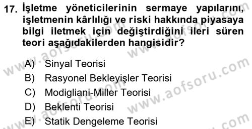 Finansal Yönetim 2 Dersi 2017 - 2018 Yılı (Vize) Ara Sınavı 17. Soru